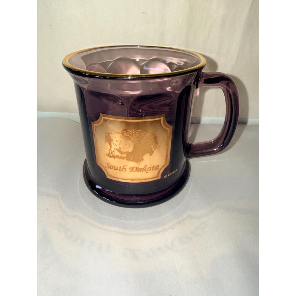 Vintage Amethyst Glass Mug – South Dakota Buffalo Scene – Culver – Retro Cabin D